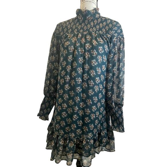 WALTER BAKER MINI DRESS MESSY MOCK FLORAL GREEN RUCHED CUFFS SZ S RUFFLES PREPPY - Picture 6 of 16